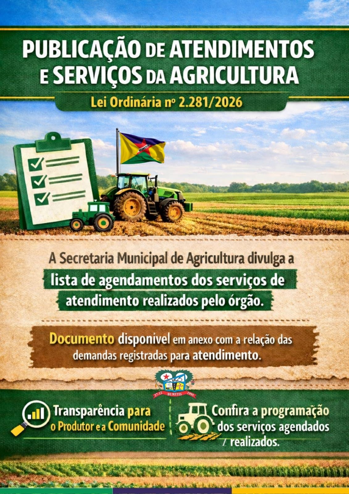 PUBLICAÇÃO DE ATENDIMENTOS E SERVIÇOS DA AGRICULTURA - Lei Ordinária nº 2.281/2026 